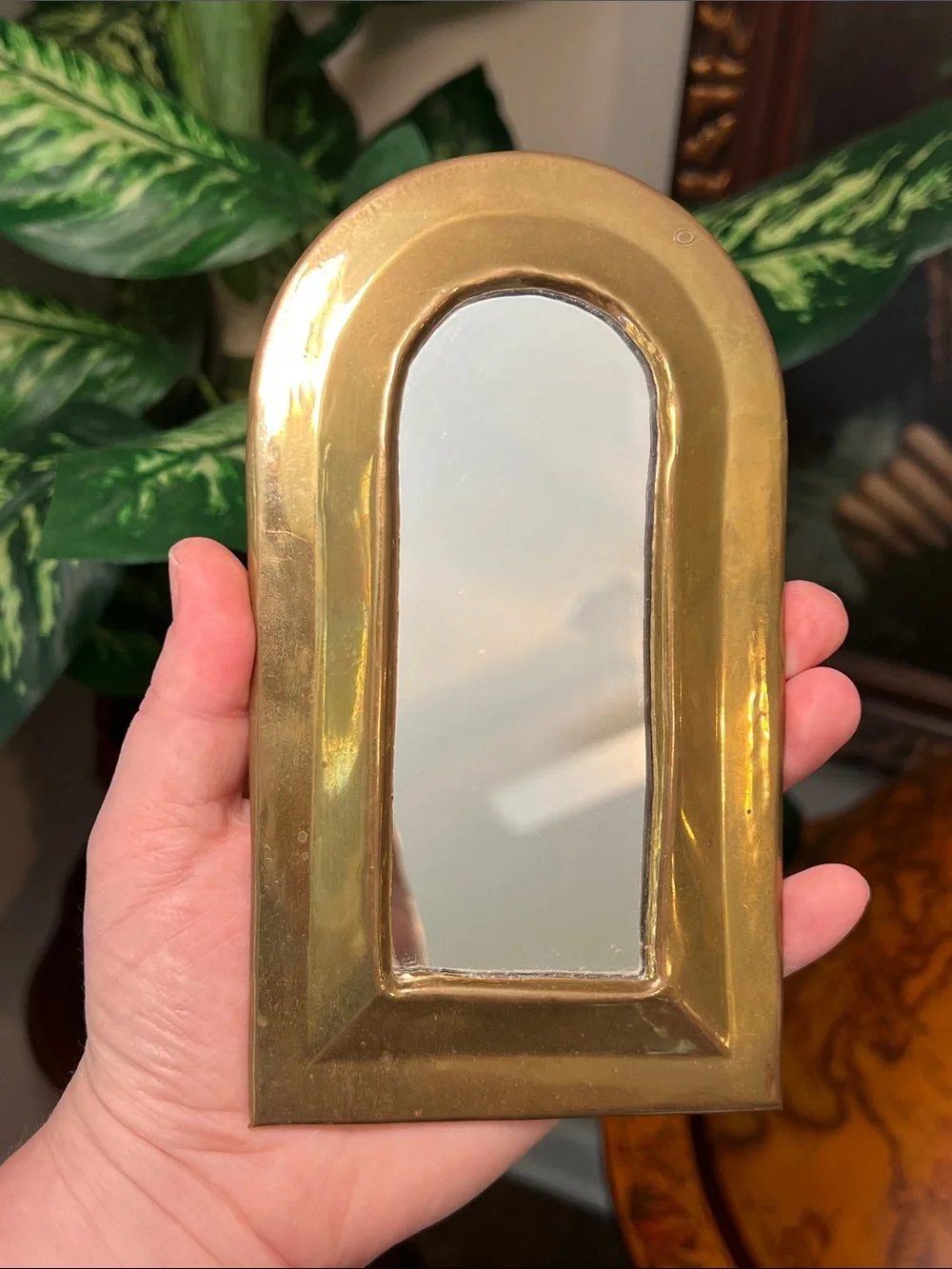 Vintage Boho Moroccan Gold Brass Arched Accent Mirror Small Wall Mirror